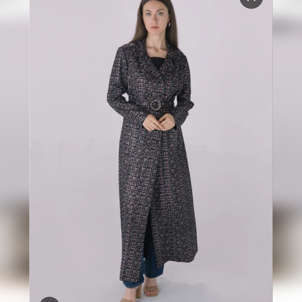 ​NWT Solitaire Black Brown Faux Suede Belted Long Trench Duster Coat M